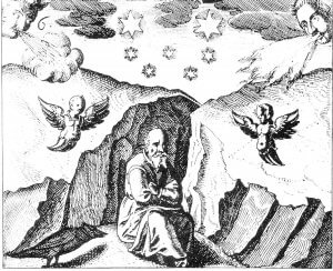 Meditierender Alchemist im Zustand der „nigredo“ zu Beginn des Opus
